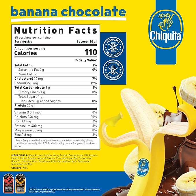 AN Performance Whey Protein Powder | Chiquita Banana Chocolate | 23g Protein, 1g Sugar, 100% Whey | Gluten-Free, Low Carb, Low Fat | Keto Friendly | Essential Amino Acids for Muscles | 25 Servings