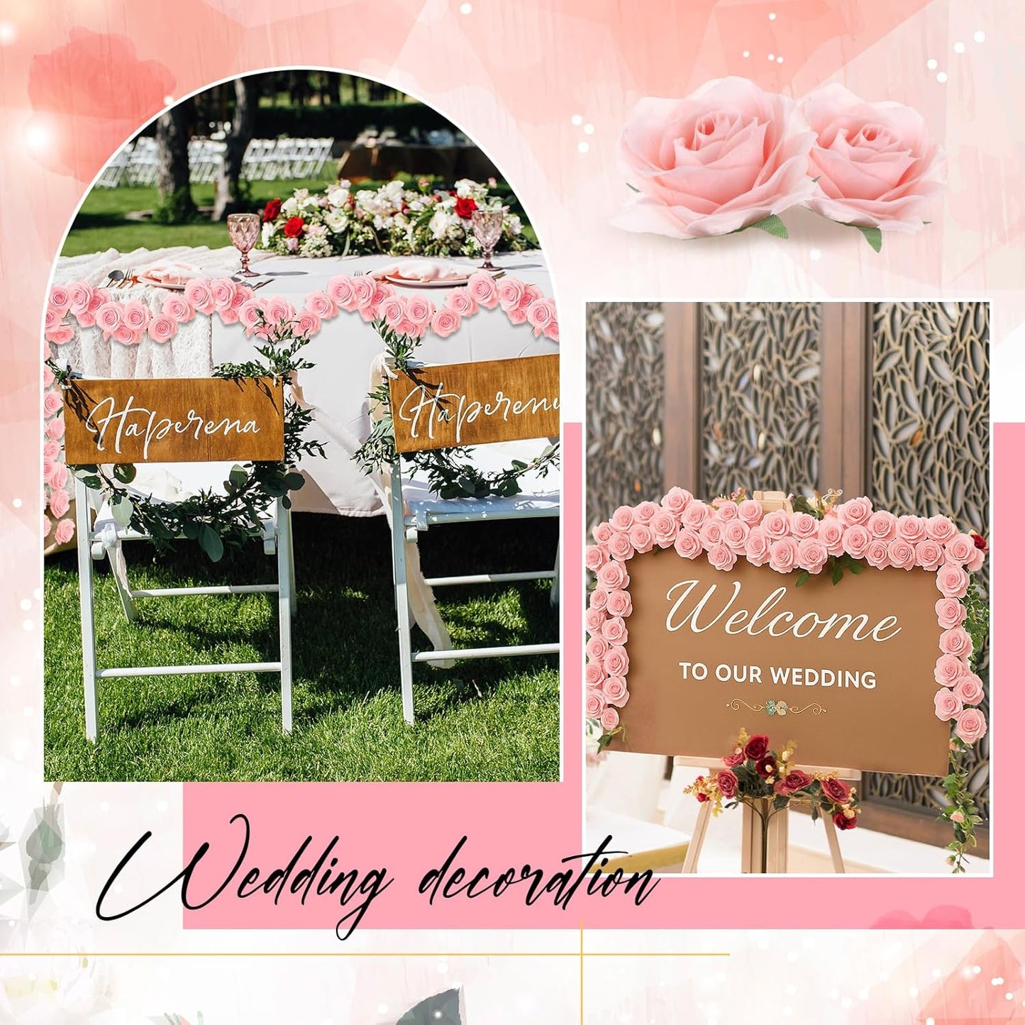 2 Pcs Pink Artificial Rose Vine Hanging Faux Flowers Garland for Wedding Anniversary Birthday Party Background Arch Garden Home Wall Room Decor