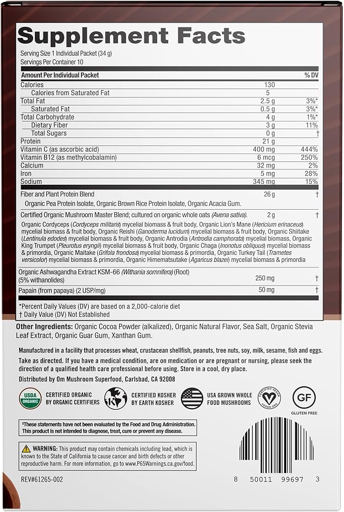 OM MUSHROOM SUPERFOOD Master Blend Mushrooms & Adaptogens, Creamy Chocolate Plant Protein, Single Serve, 10 Count, 10 Mushroom Complex, Lion's Mane, Ashwagandha, Stress Relief, GLP-1 Support