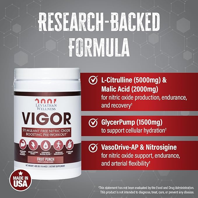 Vigor - Stimulant-Free Nitric Oxide Pre-Workout Powder | L-Citrulline (5000mg), Malic Acid (2000mg), GlycerPump (1500mg)| Fruit Punch| 30 Servings, 13.86g Each | Made in The USA