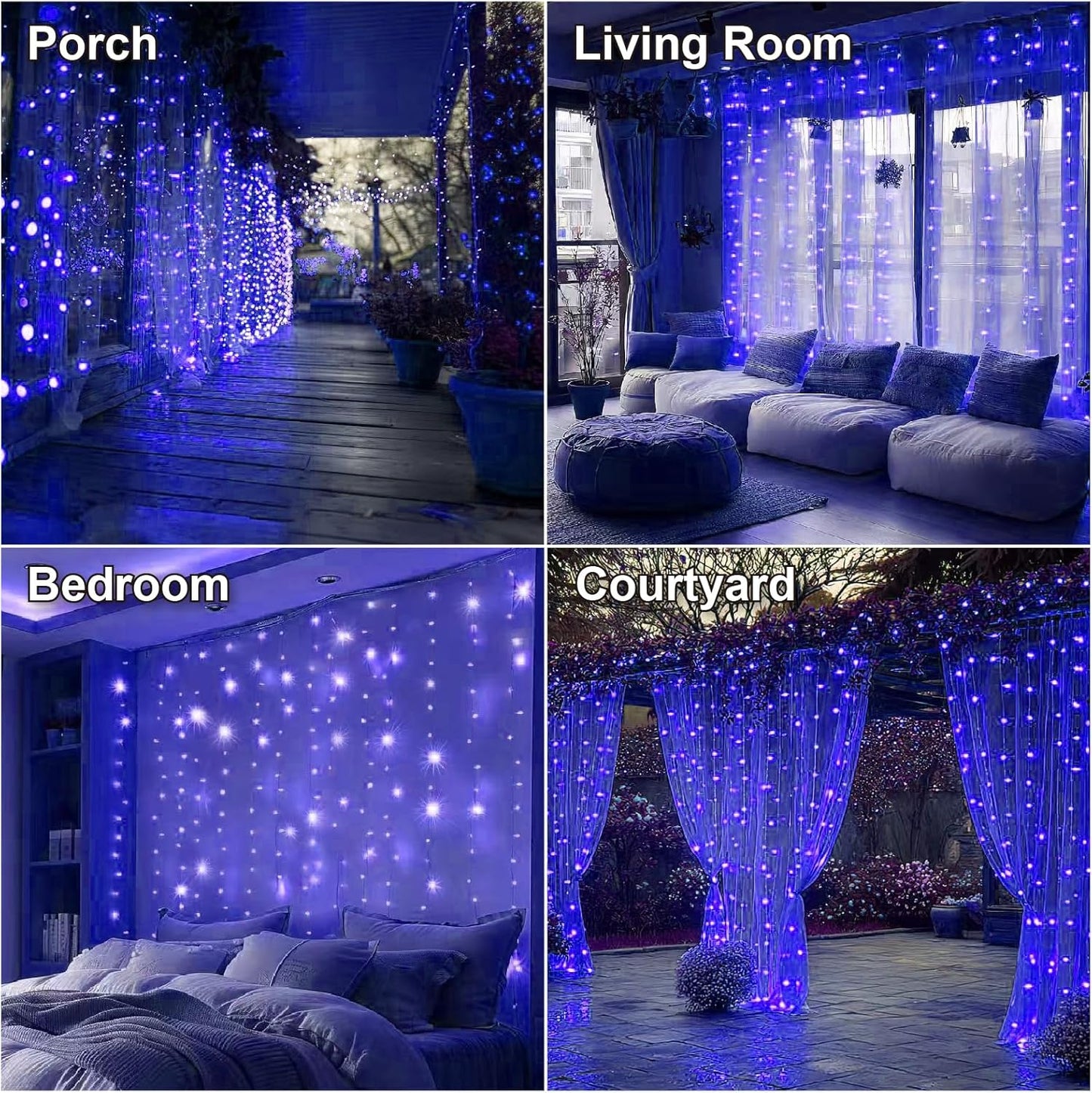 HXWEIYE 300LED Fairy Curtain Lights, 9.8x9.8Ft USB Plug-in 8 Modes Christmas String Hanging Lights with Remote for Bedroom Backdrop Wedding Party Indoor Wall Decor, Blue