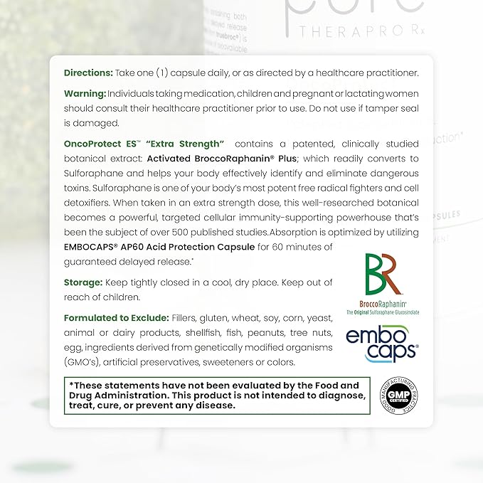 Pure Therapro Rx OncoProtect ES HIGH DOSE Sulforaphane Supplement, Made in USA | 2 Month Supply | 706 mg Patented Activated BroccoRaphanin Broccoli Seed Extract | Glucoraphanin + Myrosinase