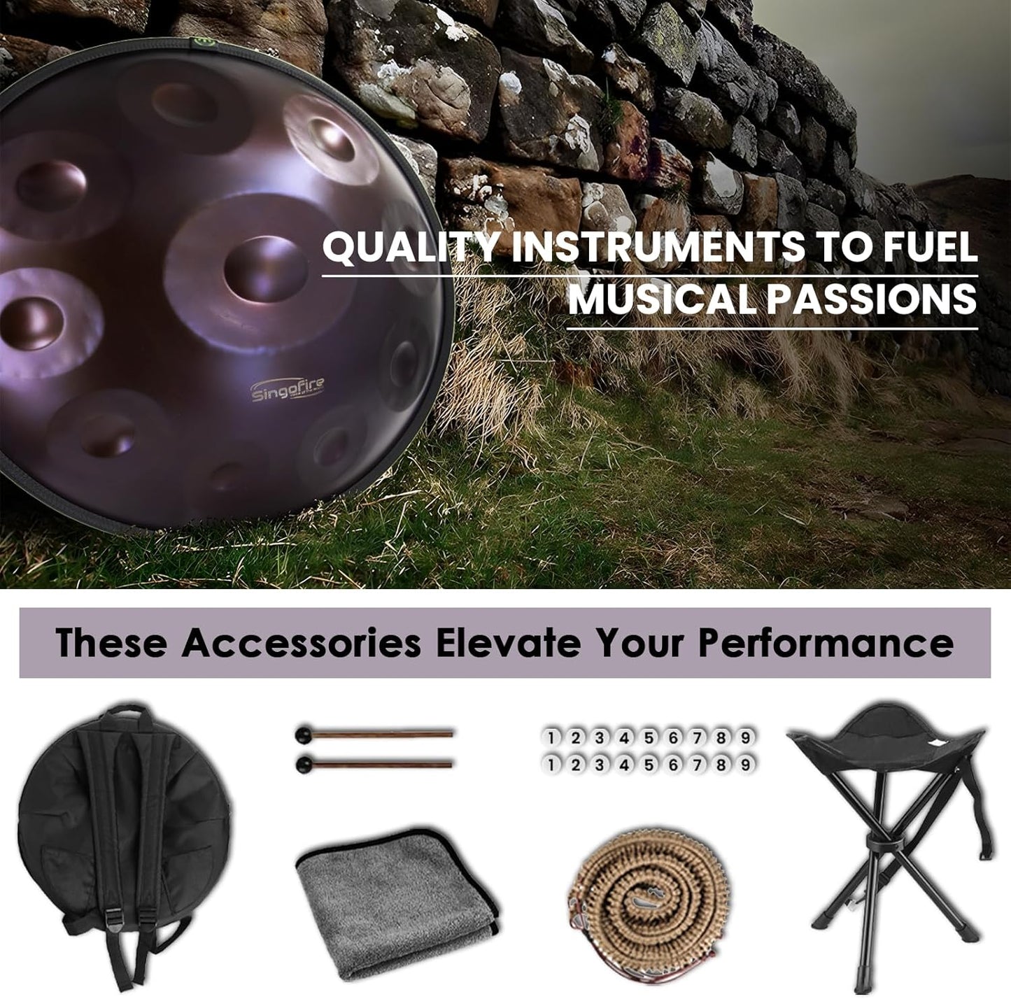 "SINGOFIRE" 12-Notes Handpan Drum, Handpan Drums for Adults, 22-Inch 440Hz D Minor Kurd Handpan, HandPan Instrument with Soft Handpan Bag, 2 Handpan Mallets, Handpan Stand and Dust-Free Cloth(Purple)