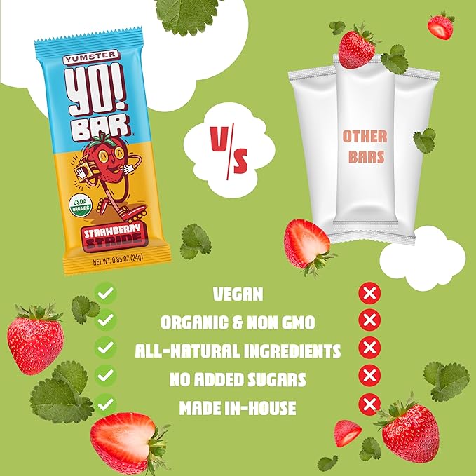 Yo! Bar by Bearded Brothers Vegan Organic Kids Bar, Strawberry (25 Bars) - Gluten Free, Paleo and Whole 30 | Soy Free, Non-GMO, Low Glycemic, No Sugar Added, Fiber + Whole Foods