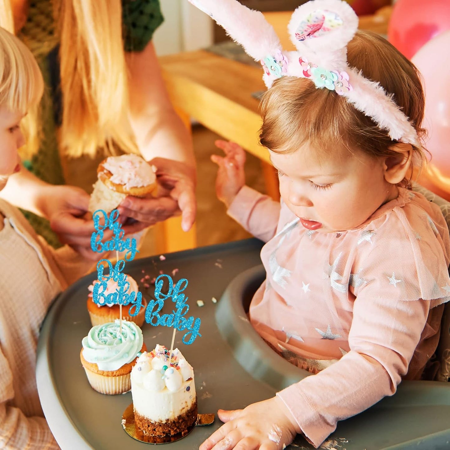 Gyufise 36 Pack Blue Glitter Oh Baby Cake Cupcake Toppers Picks for Wedding Birthday Baby Shower Party Decorations