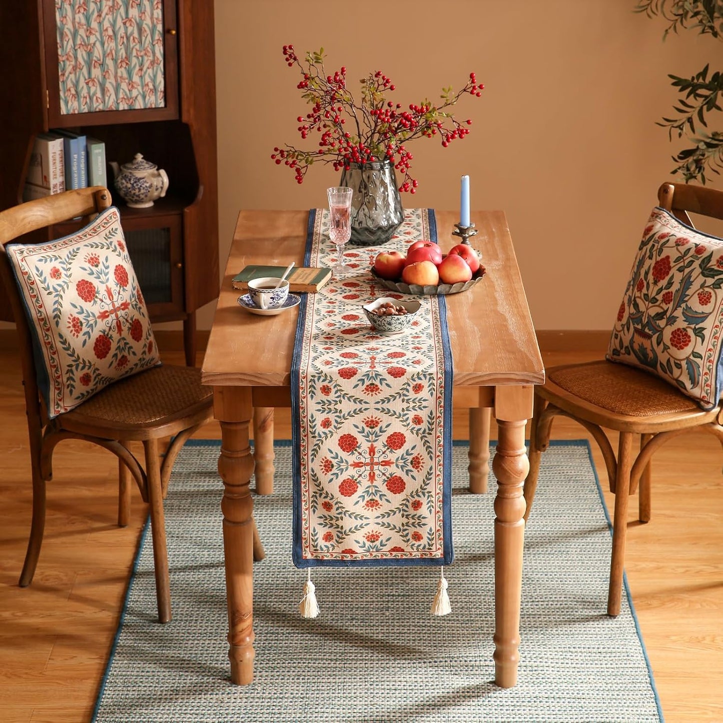 patdrea Designer Vintage Bright Farmhouse Linen Table Runner 102 Inch Long, Maroon Floral Pattern Table Mat, Decoration for Kitchen Dining Table Coffee Table Cabinet Banquet Christmas ,12"*102"