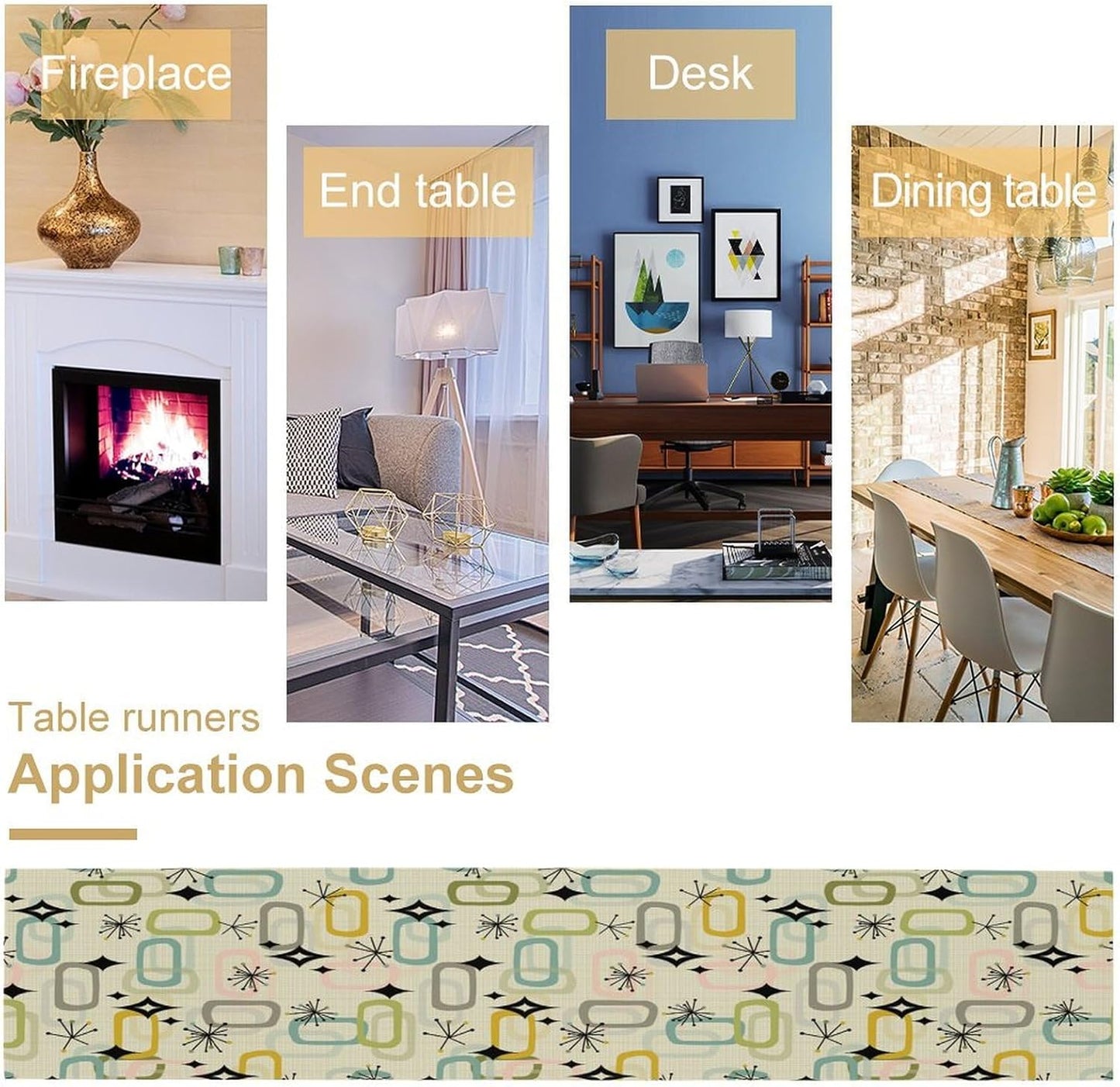 Mid Century Table Runner, Flag Retro Atomic Starburst 1950s Abstract Geometric Space Tabletop Decoration for Home Kitchen Restaurant Table Flag 13x36 Inch