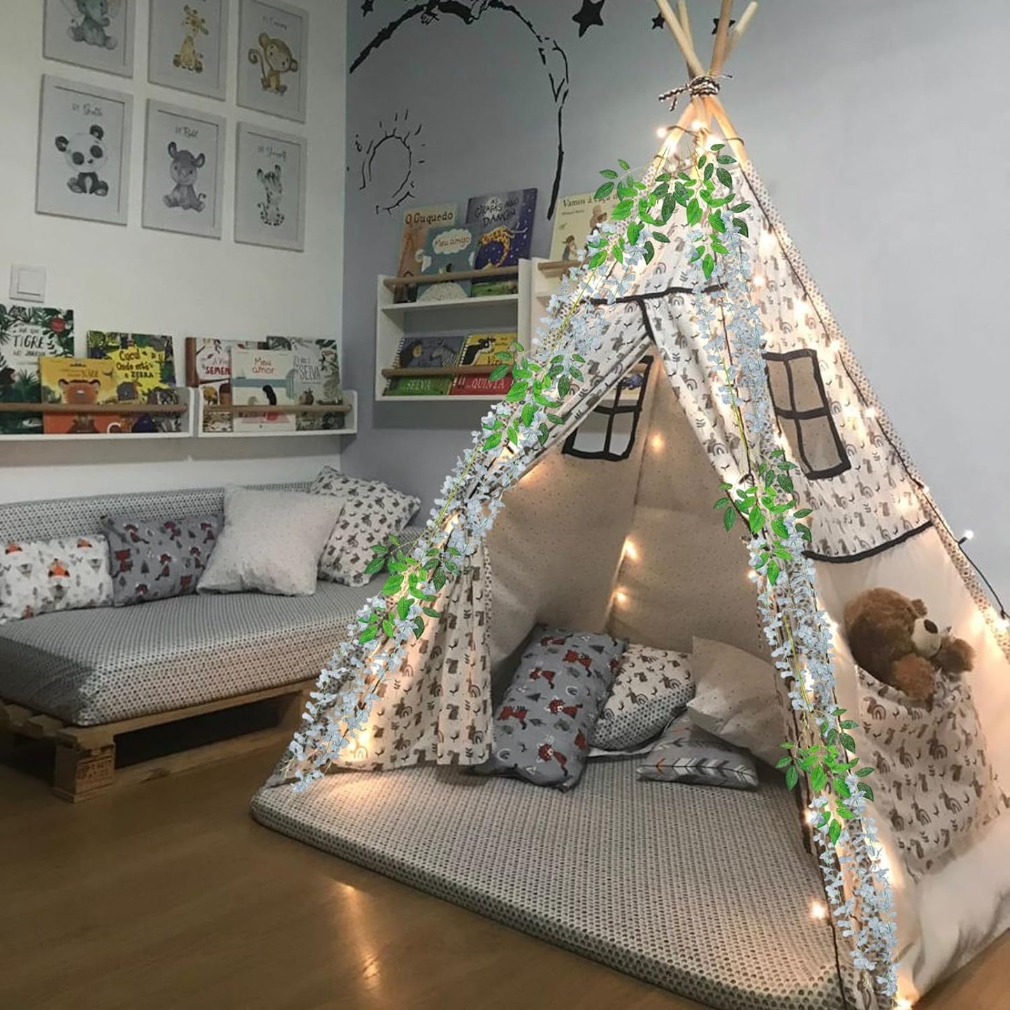 24 Pack Grey Wisteria Hanging Flowers, 3.4 Ft Fake Hanging Flowers, Artificial Wisteria Garland Vines for Wedding Room Backdrop Outdoor Patio Garden Decoration