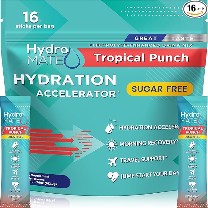 Electrolyte Powder Sugar-Free Hydration Packets Tropical Punch HydroMATE 16 Sticks
