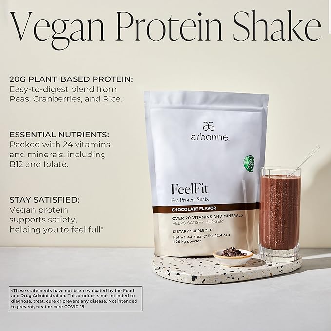Arbonne Feelfit Pea Protein Shake - Daily Supplement Powder, Vegan Protein for Support of Overall Health, Energy and Well-Being, Chocolate