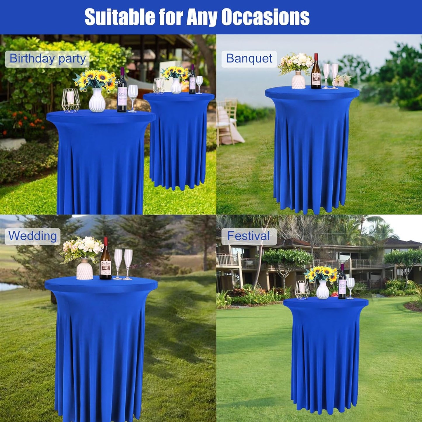 6 Pack Round Cocktail Tablecloth 32"x 43" Spandex Cocktail Table Skirt, Washable Stretch Fitted Table Covers for High Top Bar,Wedding,Party,Events (Royal Blue)
