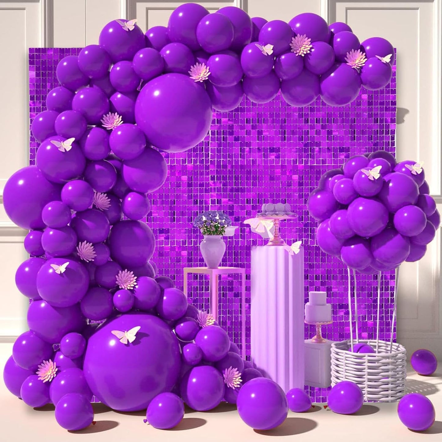 24PCS Purple Shimmer Wall Backdrop, Square Sequin Backdrops Panel, Glitter Wall Background for Birthdays, Weddings, Halloween, Engagements, Disco Bachelorette Party Decoration (4FTx6FT)