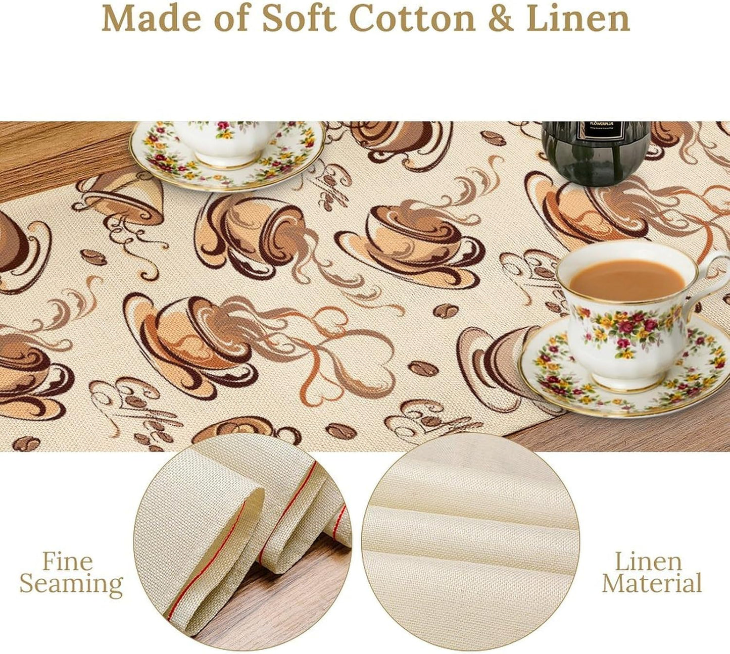 Coffee Time Table Runner, Farmhouse Retro Coffee Cup Tea Party Cafe Table Center Decor for Home Kitchen Dining Patio Holiday Party Indoor Outdoor Table Decorations,13"x108" Inch