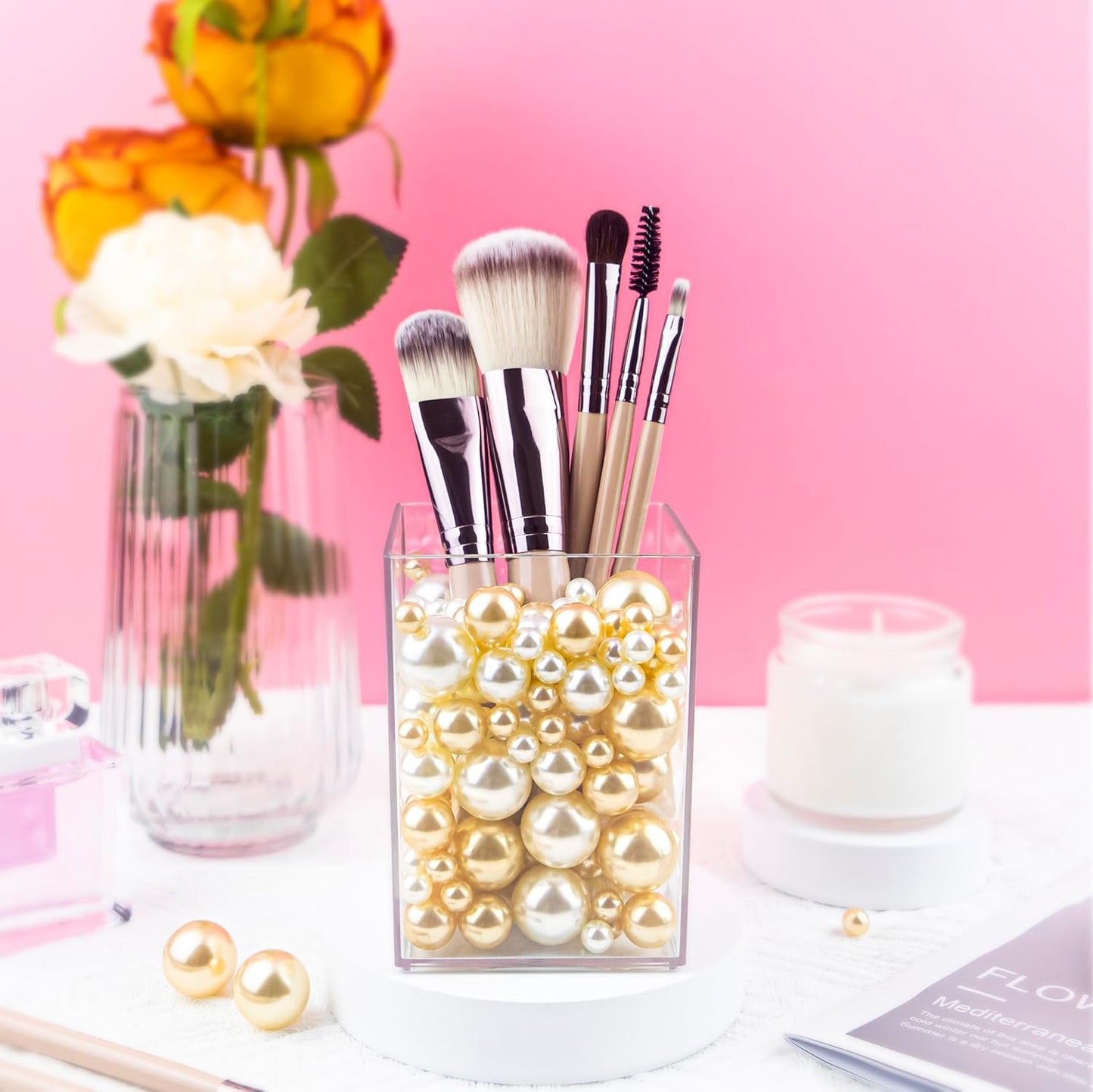 150Pcs Cream&Gold Polished No Hole Faux Pearl Beads for Vase Filling Decorations, Plastic Pearls Vase Fillers, Table Scatters, Wedding Centerpiece, Home Decor, 8/14/20 mm