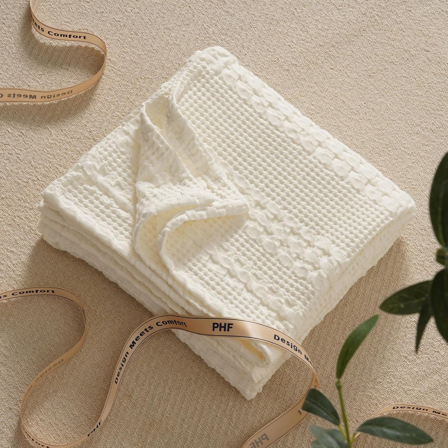 PHF 100% Cotton Waffle Weave Throw Blanket, Soft Lightweight Breathable Cozy Throws for Couch Bed Sofa, Luxury Aesthetic Woven Blanket for Home Decor & Office, 50"x60", Ivory