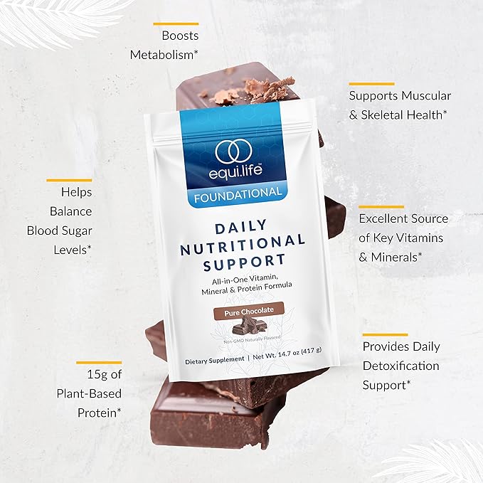 Equilife Daily Nutritional Support, All-in-One Multivitamin Meal Replacement, Pure Chocolate Flavor, 15G Plant Protein, Supports Overall Wellness Including Energy, Digestion, & Skin, 14 Servings