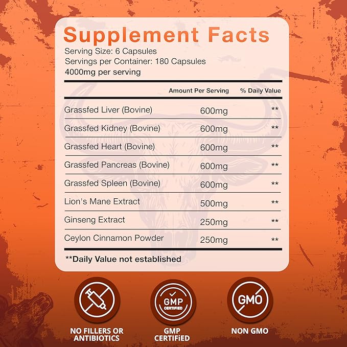 Superfood Blend Grass Fed Beef Organ Supplement for Men & Women 180 Capsules 30-Day Supply - 5 Beef Organ & 3 More Ingredients - Pasture Raised Organ Complex - Support Immunity & Focus