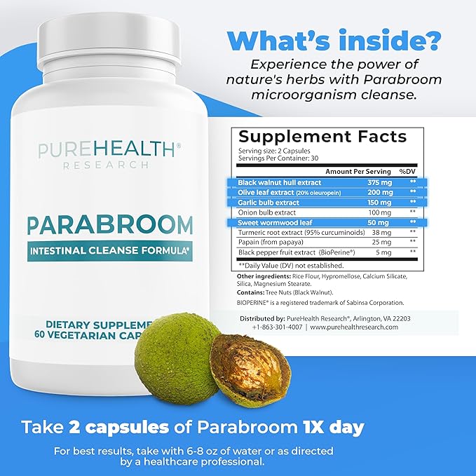 PUREHEALTH RESEARCH Parabroom - Gut Cleanse & Health Supplement - with Black Walnut, Sweet Wormwood Powder, Turmeric Extract, Olive Leaf, Garlic & Onion - Digestive Support for Women & Men 60 Capsules