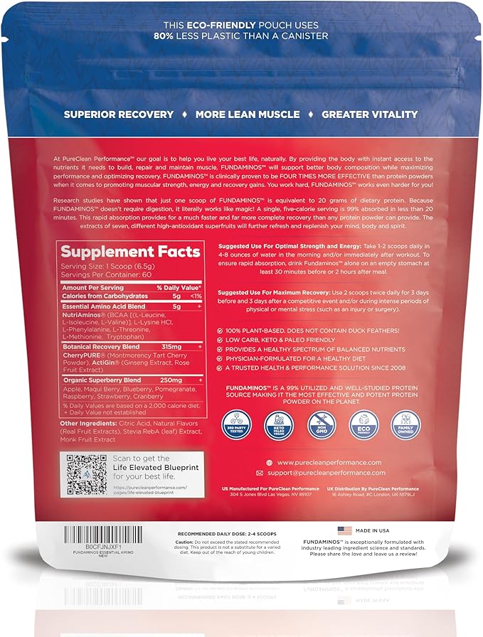 FundAminos Organic EAA + BCAA Powder Blend | Plant-Based Essential Aminos for Everyday Vitality, Healthy Aging & Balanced Nutrition | Gluten Free, Non-GMO, Clean Label – 2 Bags (60 Servings)