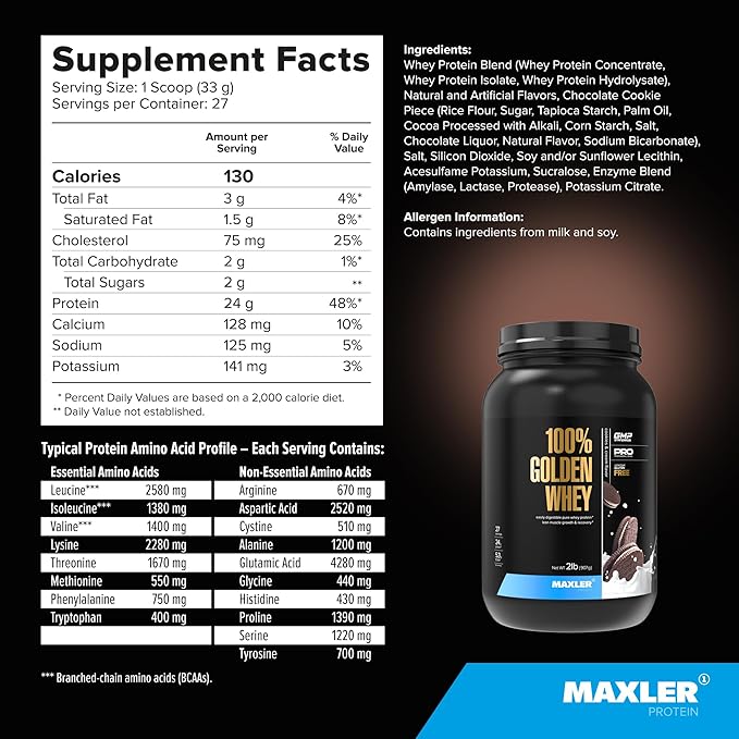 Maxler 100% Golden Whey Protein - 24g of Protein per Serving - Premium Whey Protein Powder for Pre Post Workout - Fast-Absorbing Whey Concentrate, Isolate & Hydrolysate Blend - Cookies & Cream 2 lb