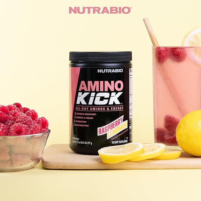 NutraBio Amino Kick – BCAA Powder with Natural Caffeine – Amino Acids Supplement for Energy, Hydration & Recovery – BCAAs, Electrolytes & Amino Acids – Raspberry Lemonade, 30 Servings