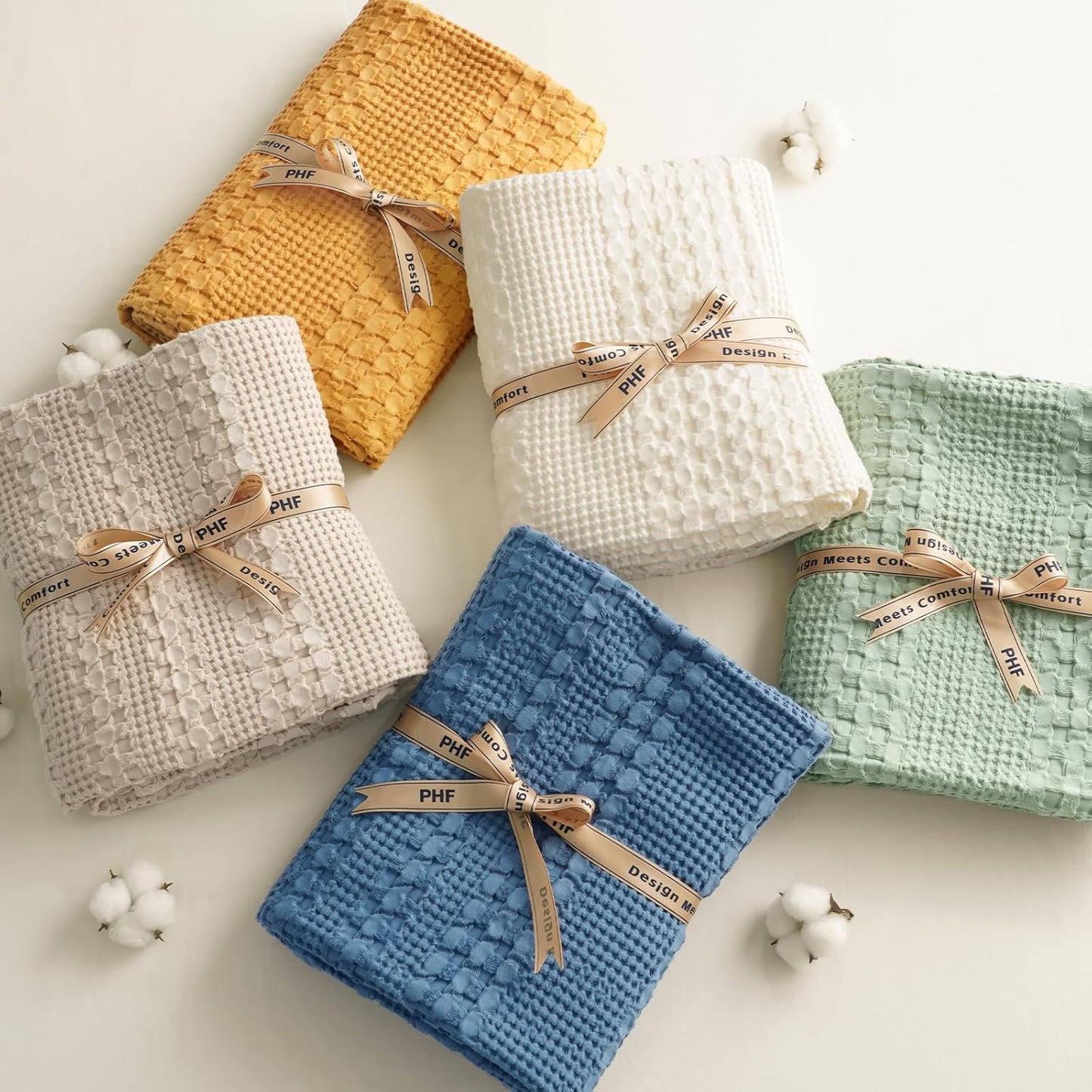 PHF 100% Cotton Waffle Weave Blanket Twin Size for Bed, Soft Lightweight & Breathable, All-Season Comfort, Luxury Aesthetic Woven Bedding for Home Decor, 66"x90", Ginger/Honey Yellow