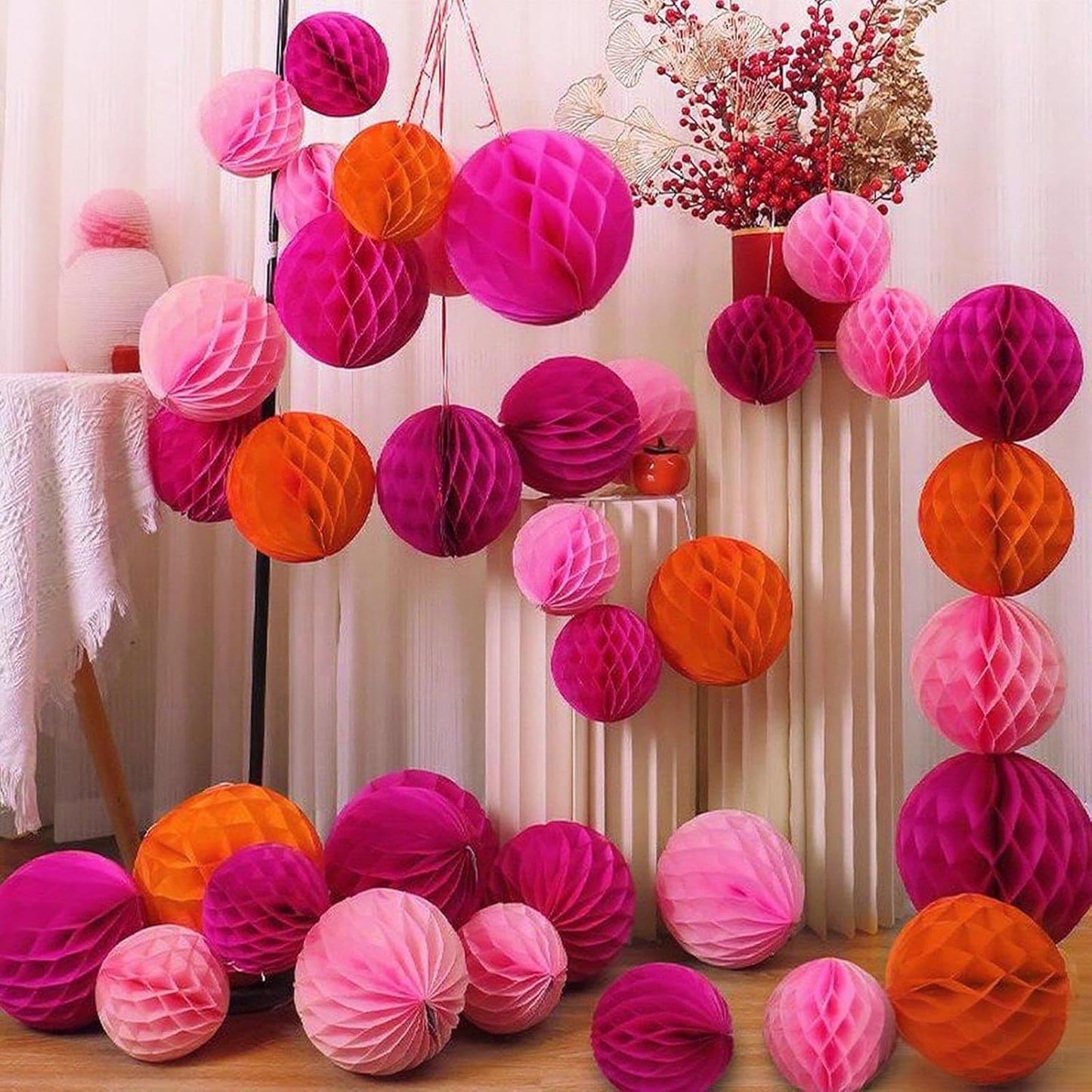 Paper Honeycomb Balls Decorations - 12 Pack Hanging Tissue Pom Poms for Weddings, Birthdays, Home Party Decor (Rose red Light Pink Orange)