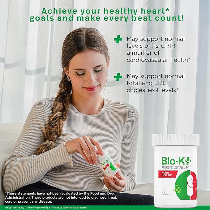 Bio K+ Heart Health Probiotic Capsules – Probiotics for Men and Women – Cholesterol and Heart Health* Support Supplement – Vegan, Shelf-Stable, Non-GMO – 60 Capsules