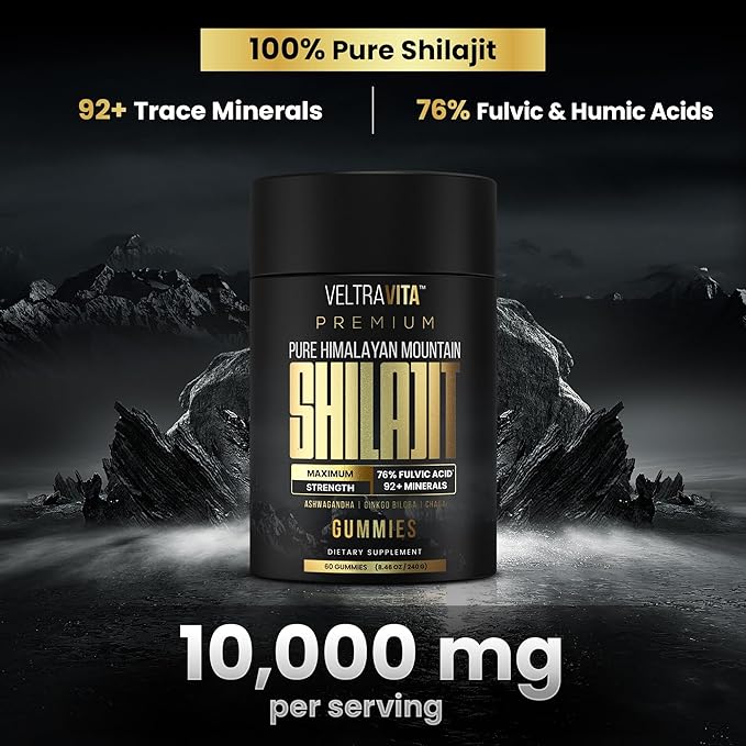 Pure Himalayan Shilajit Gummies with Ginkgo Biloba, Chaga & KSM-66 Ashwagandha | Shilajit for Men & Women |10000 mg Max Potency | 76%+ Fulvic Acid & 92+ Trace Minerals | Sugar Free