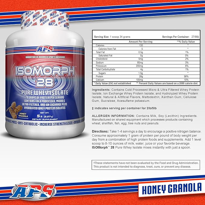 APS Nutrition Isomorph 28 Protein Powder | Pure Whey Isolate | Cold Pressed, Ultra- Filtered, & Ion Exchange Isolates | 28g Protein | 5 Pound (Honey Granola)