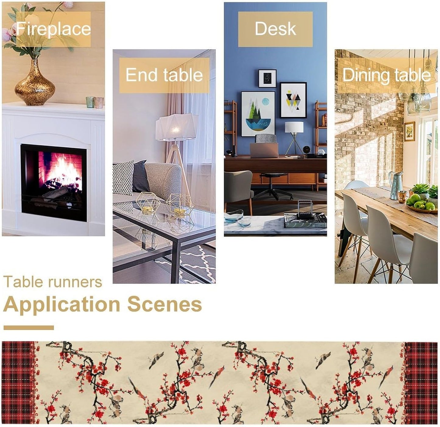 Bird Table Runner,Red Black Buffalo Plaid Blossom Seasonal Table Runner for Kitchen Dining Table Decoration Home Party Decor 13x36 Inch