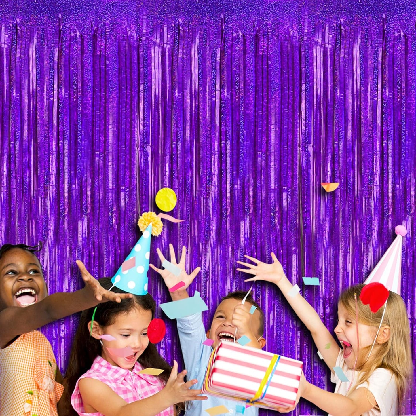 4 Pack Purple Tinsel Foil Fringe Curtain Backdrop, 3.28Ft x 8.2Ft Metallic Streamers for Photo Booth Props Wedding Bridal Shower Bachelorette Birthday New Years Christmas Party Decoration