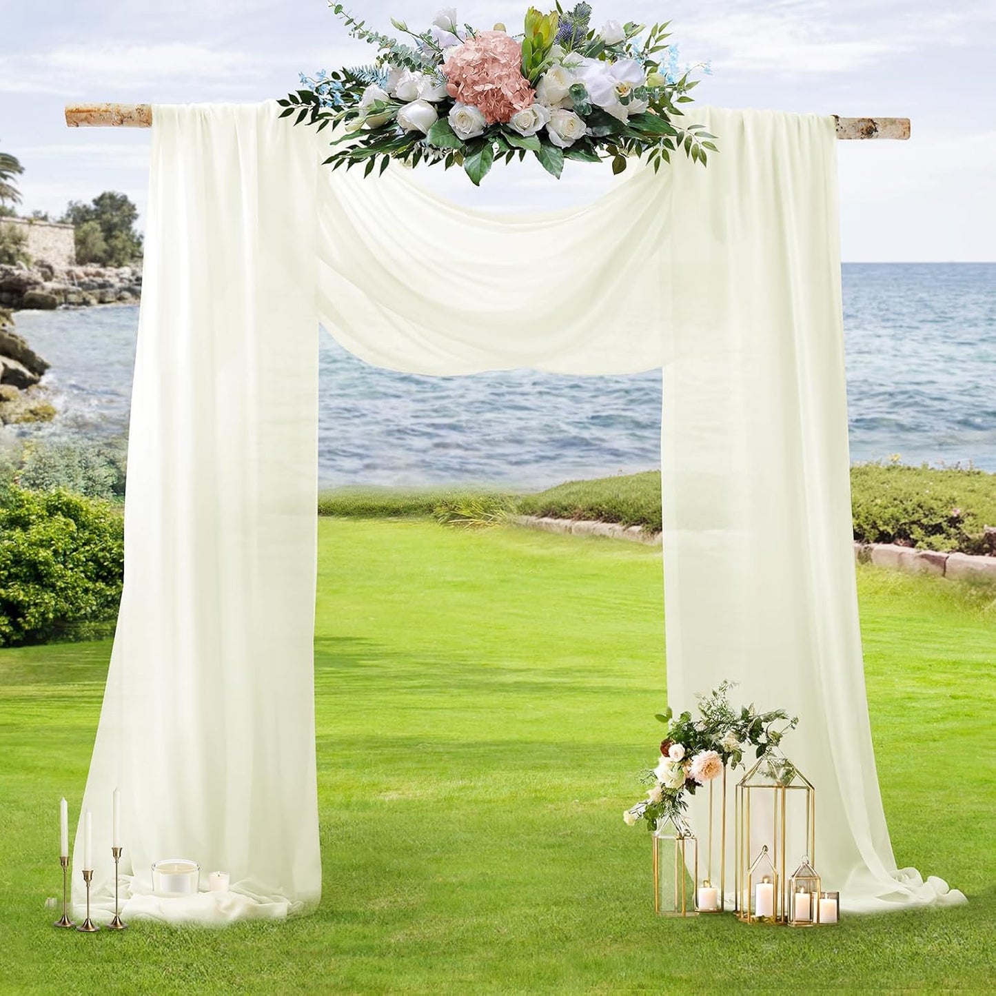 SiinvdaBZX 2 Panels Wedding Arch Draping Fabric 30" x 20Ft Ivory Sheer Chiffon Fabric Outdoor Extra Long Decorative Drapery Fabric for Party Ceremony Ceiling Curtain Backdrop