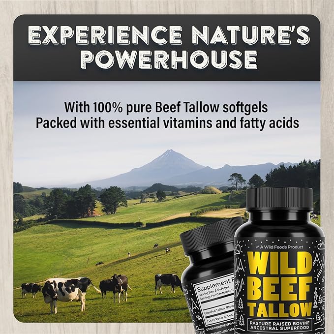 Wild Foods Grass-Fed Beef Tallow Capsules | 3,000mg Per Serving | Pure Ancestral Nutrition for Skin, Hormones, and Energy | Keto, Paleo & Carnivore Diet Approved | 30-Day Supply