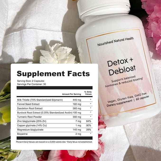 Nourished Natural Health Detox + Debloat - Milk Thistle & Dandelion Root Vegan Supplement for Women - Bloating Relief & Digestion Support - 60 Capsules
