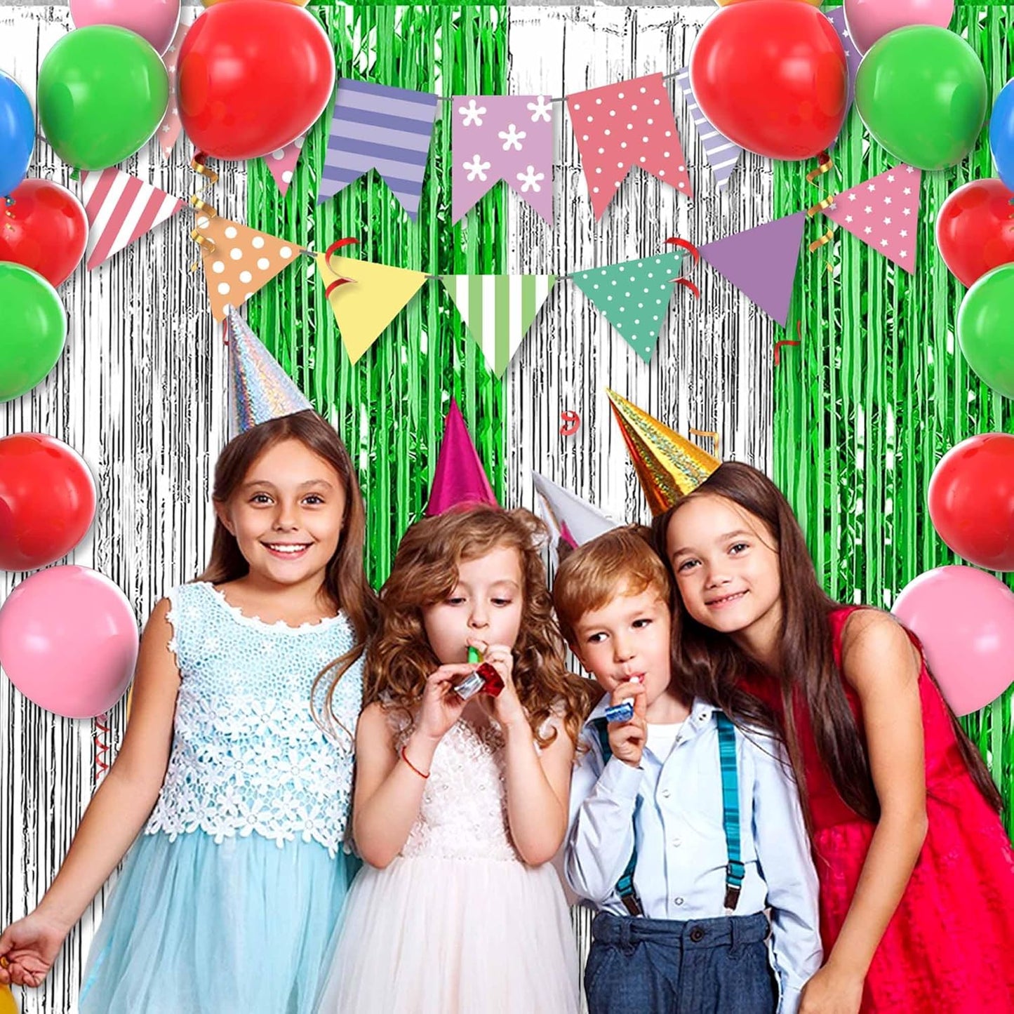 6 Pack Silver Green Foil Fringe Curtains Backdrop, 3.28 x 8.2 Ft Metallic Streamers Tinsel Curtains Background for Photo Booth, Birthday, Weddings, Carnivals, Graduation, Themed Party Decorations