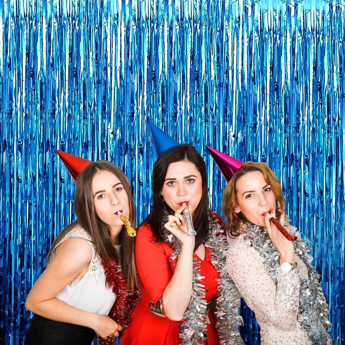 4P Metallic Foil Fringe Tinsel Table Skirts for Rectangle Tables Backdrop Banner Streamer Garland Curtains for Parade Floats Wedding Graduation Anniversary Birthday Parties Decoration (Lake Blue)