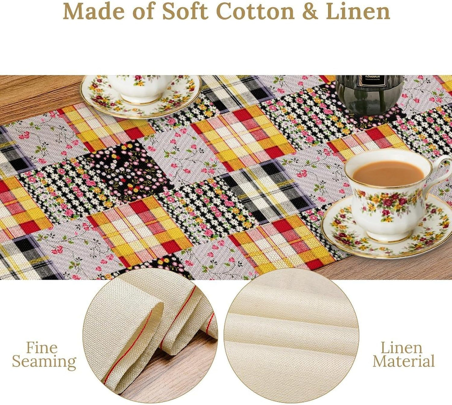 Patchwork Table Runner, Boho Vintage Floral Checkered Plaid Bohemian Paisley Flower Farmhouse Table Center Decor for Home Kitchen Dining Patio Holiday Party Indoor Table Decorations, 13"x90" Inch