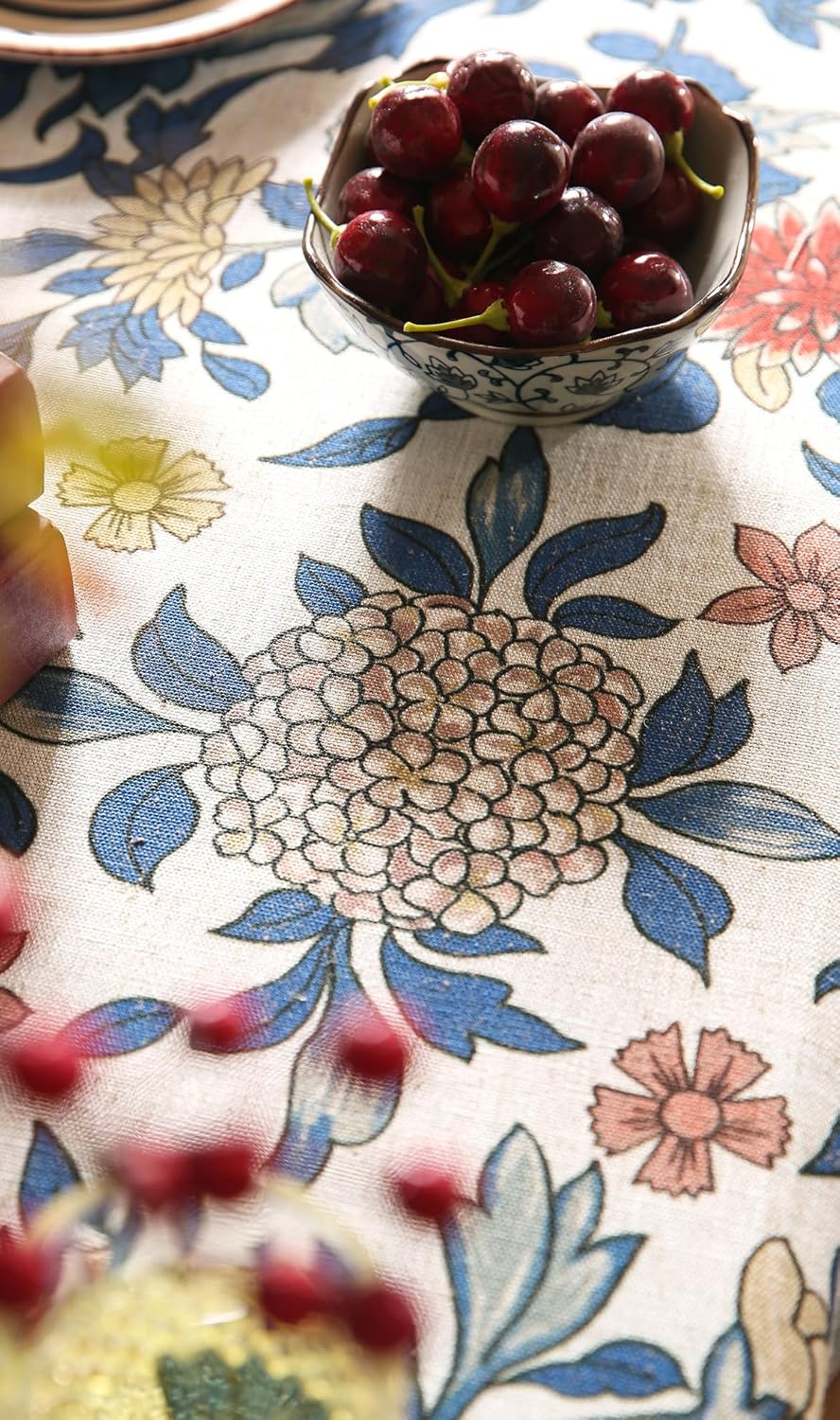 patdrea Designer Small Blue Tablecloth for Square Table,Vintage Linen with Leaves and Floral Pattern Tablecloths,Farmhouse Decor Cover for Kitchen Dining,Christmas,Thanksgiving,55"x55"-Ivar a