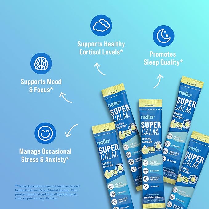 Supercalm Drink Mix - Ashwagandha KSM 66, Magnesium Glycinate & L-Theanine Supplement, Vitamin D3 - Ashwagandha Root Extract - Focus and Relaxation Support (20 Travel Packets) - Lemon Lime