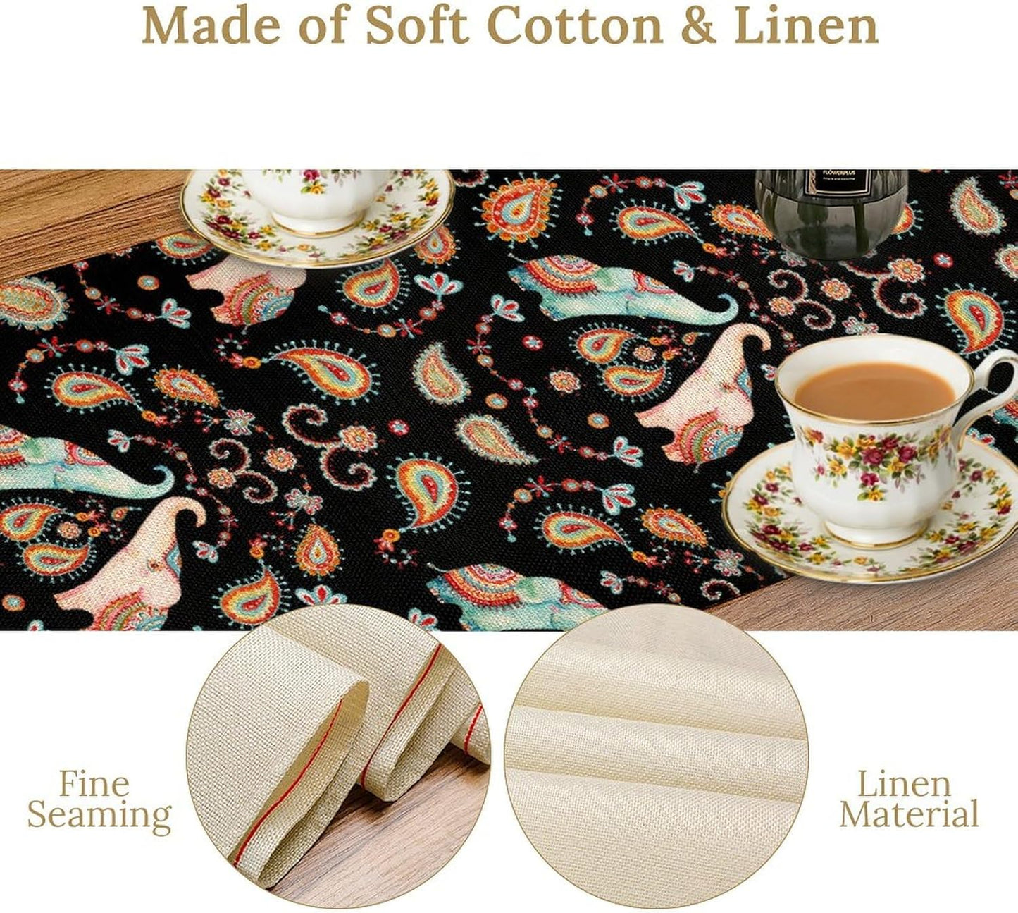 Boho Table Runner, Indian Bohemian Elephant Mandala Paisley Floral Hippie Art Print Table Center Decor for Home Kitchen Dining Patio Holiday Party Indoor Outdoor Table Decorations, 13"x108" Inch