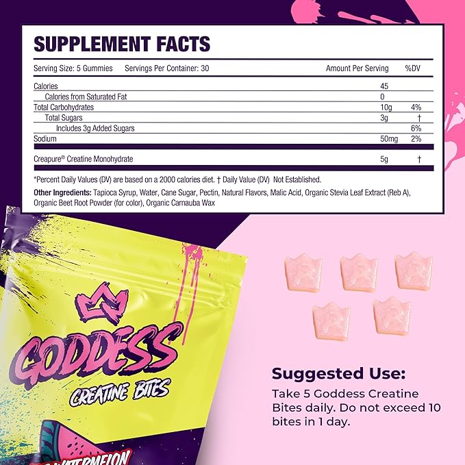 Goddess Creatine Gummies – Low-Sugar Chewable Creatine for Women | Booty and Muscle Builder, Faster Recovery, Strength | High-Potency Wild Watermelon Flavor – 150 Bites (5g per Serving)