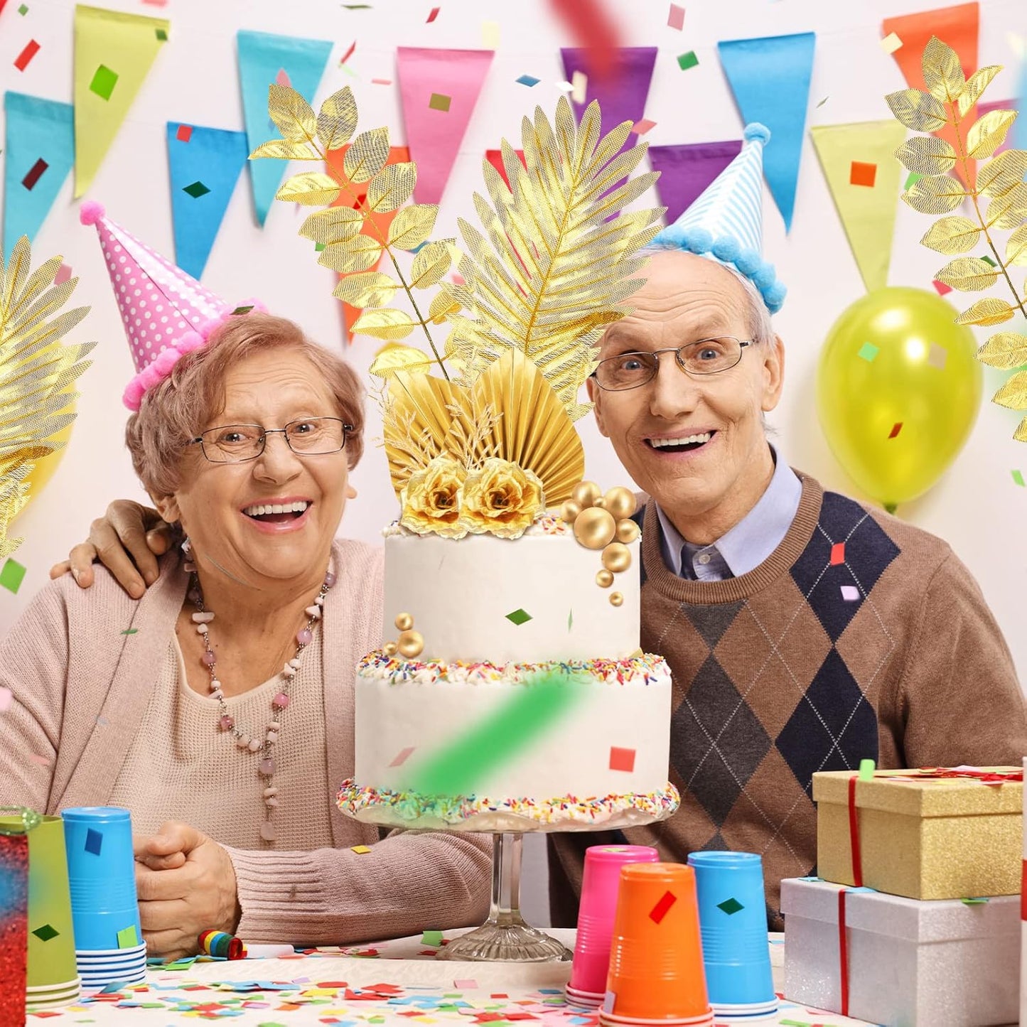 26 Pieces Happy Birthday Cake Topper Gold Cake Decorations Palm Leaves Balls Cupcake Toppers Floral Flower Artificial Leaves for Birthday Wedding(Gold)