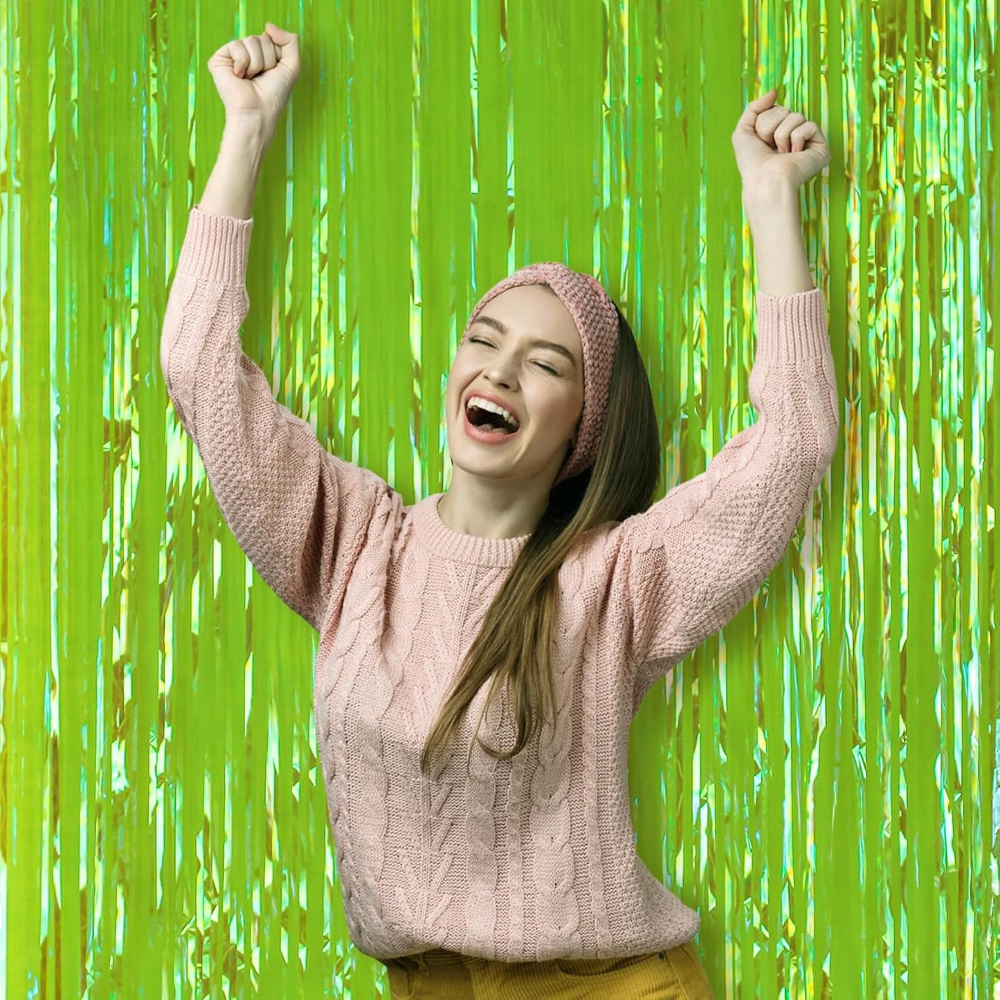 3 Pack 3.3x8.2 Feet Neon Green Foil Fringe Backdrop Curtains, Tinsel Streamers Birthday Party Decorations, Fringe Backdrop for Graduation, Baby Shower, Gender Reveal, Disco Party