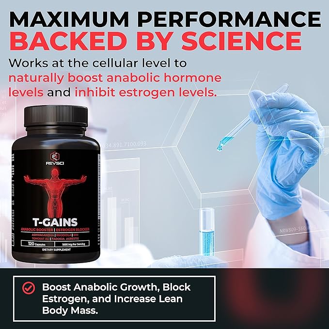 Testosterone Supplement for Men - T-GAINS Natural Testosterone Booster for Men with Longjack Tongkat Ali, Fadogia Agrestis, Shilajit - Estrogen Blocker, Mucle Builder & Vitality Support, 120 Count