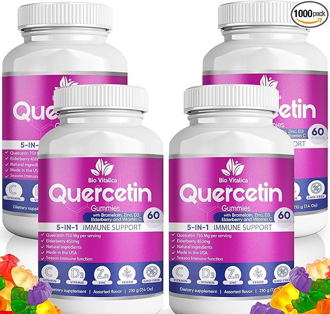 Quercetin Gummies by BioVitalica - Quercetin with Bromelain Vitamin C and Zinc & Elderberry + Vitamin D3-5 in 1 Immune Support - Zinc Quercetin 750 mg for Kids and Adult (4, Quercetin)