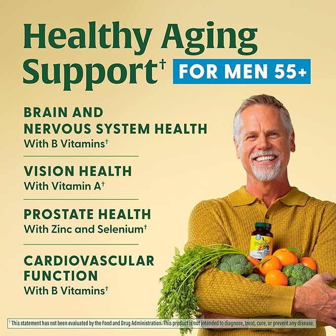 MegaFood Men's 55+ One Daily - Multivitamin for Men with Vitamin B12, C, D & Zinc - Optimal Aging & Immune Support Supplement - Vegetarian - Made Without 9 Food Allergens - 60 Tabs