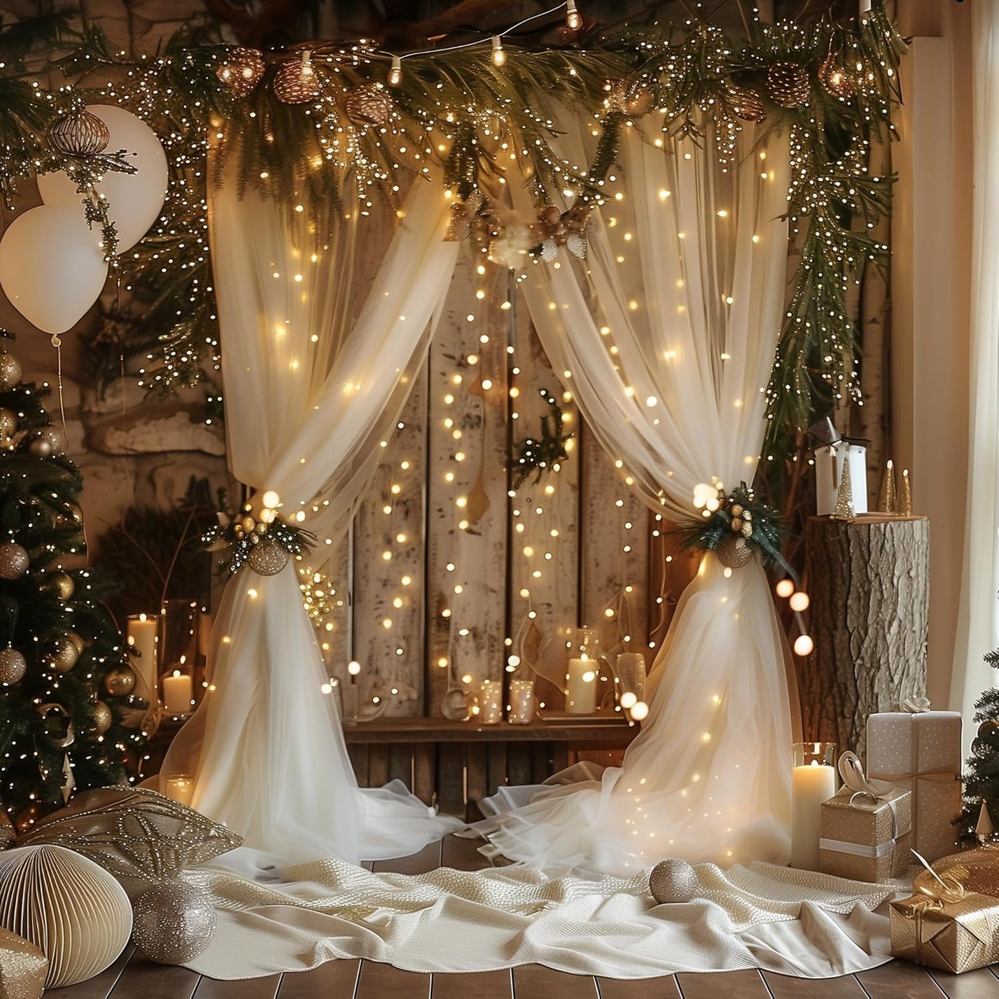 Fomcet Tulle Backdrop Curtains Champagne 30FT X 8FT Tulle Curtains with Lights String Sheer Backdrop Curtain for Parties Wedding Baby Shower Photo Shoot Decorations (6 Panels 5 x 8FT)