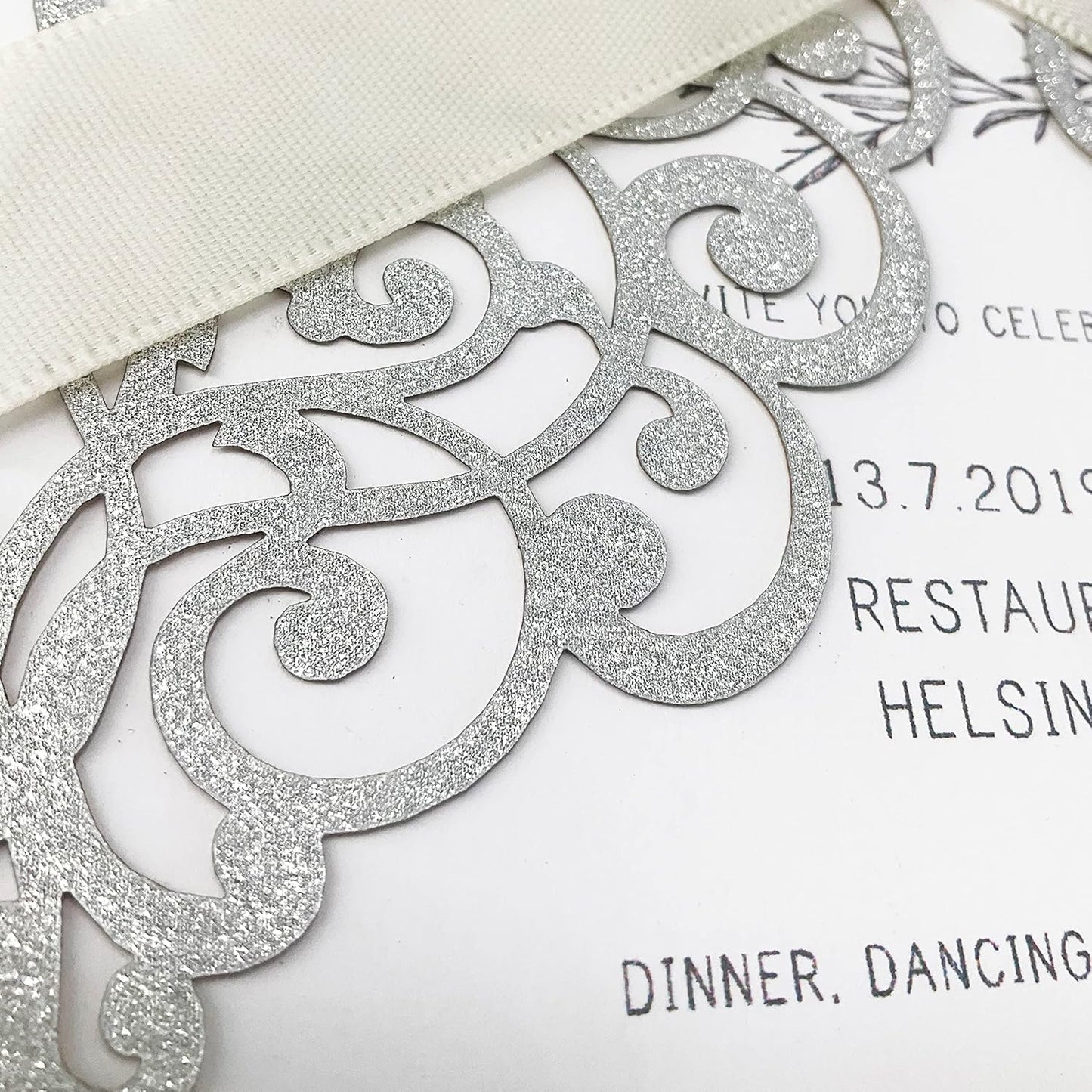 50Pcs Laser Cut Wedding Invitation With Glitter Envelopes And Ribbons Blank Personalized Card Invitaciones Para quinceañera Birthday Baby Shower Christmas Party Bridal Shower (Silver)