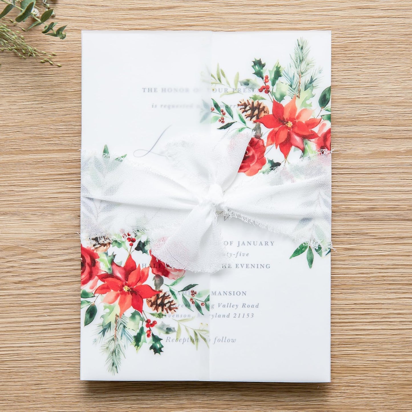 PONATIA 50 PCS 135gsm Vellum Jackets for 5x7 Wedding Invitation Cards- Christmas Red Floral Printed Vellum Sleeves, Invitation Cards Wraps, Christmas Cards Jackets